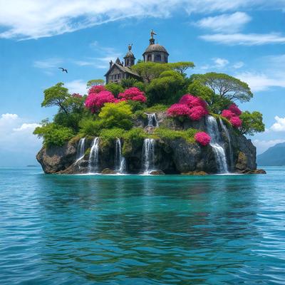 The primary subject of the image is a large, rocky island with a castle-like structure on top. The island is surrounded by water, and there are several waterfalls cascading down the sides of the island. The setting is a serene body of water, with the island standing out as the main focal point. The visual style of the image is a combination of photo and digital art, creating a unique and captivating scene. The dominant colors in the image are shades of blue, which contribute to the overall mood